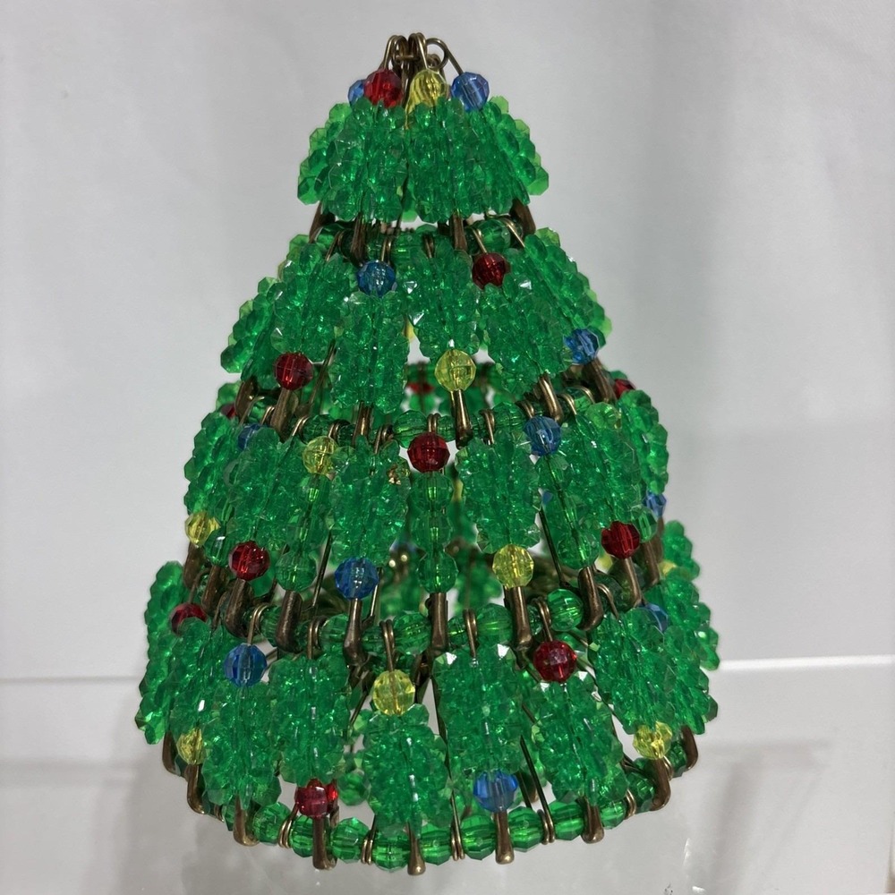 Vintage Safety Pin Beaded Christmas Tree Handmade Green Small 6"